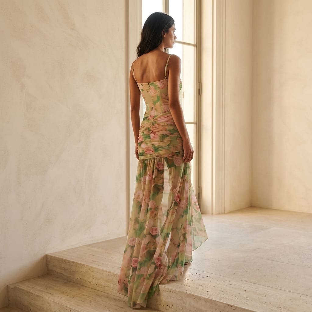 Allegra - Abito Lungo da Cerimonia Floreale con Corsetto Strutturato e Spacco