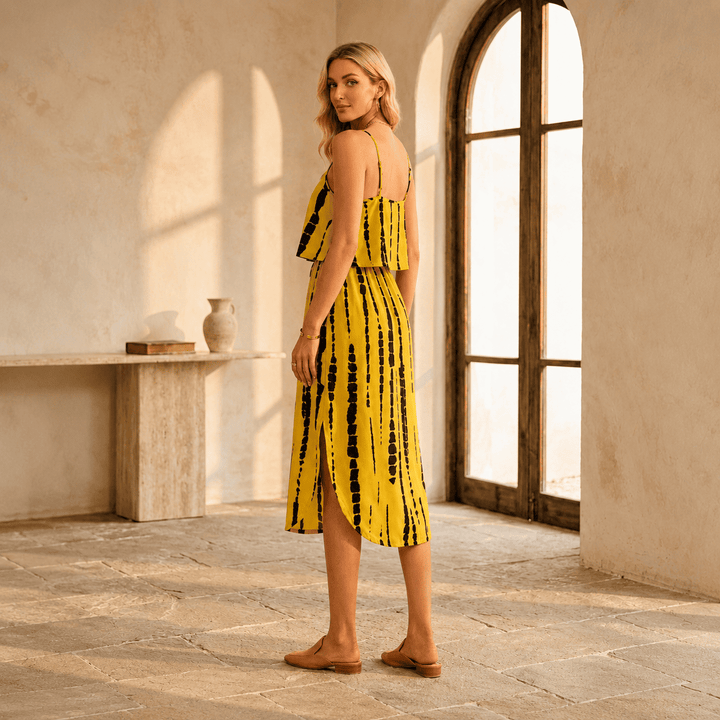Camilla — Vestito Midi Tie-Dye con Spacco e Spalline Sottili