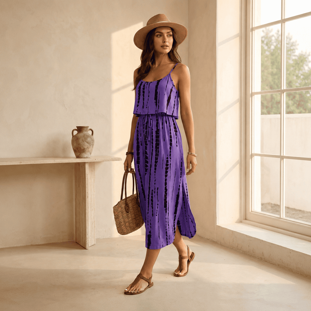 Camilla — Vestito Midi Tie-Dye con Spacco e Spalline Sottili