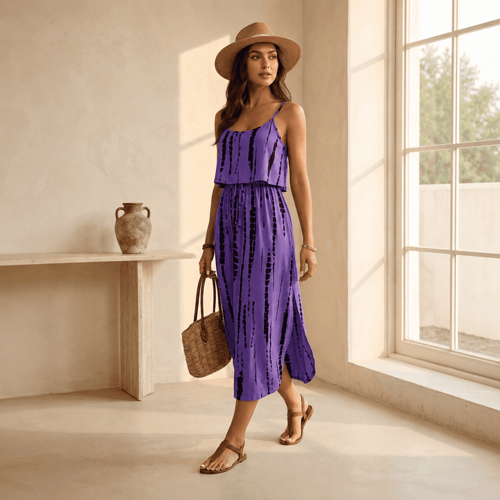 Camilla — Vestito Midi Tie-Dye con Spacco e Spalline Sottili