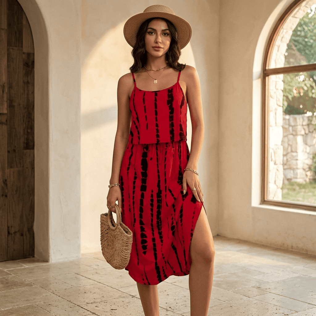 Camilla — Vestito Midi Tie-Dye con Spacco e Spalline Sottili