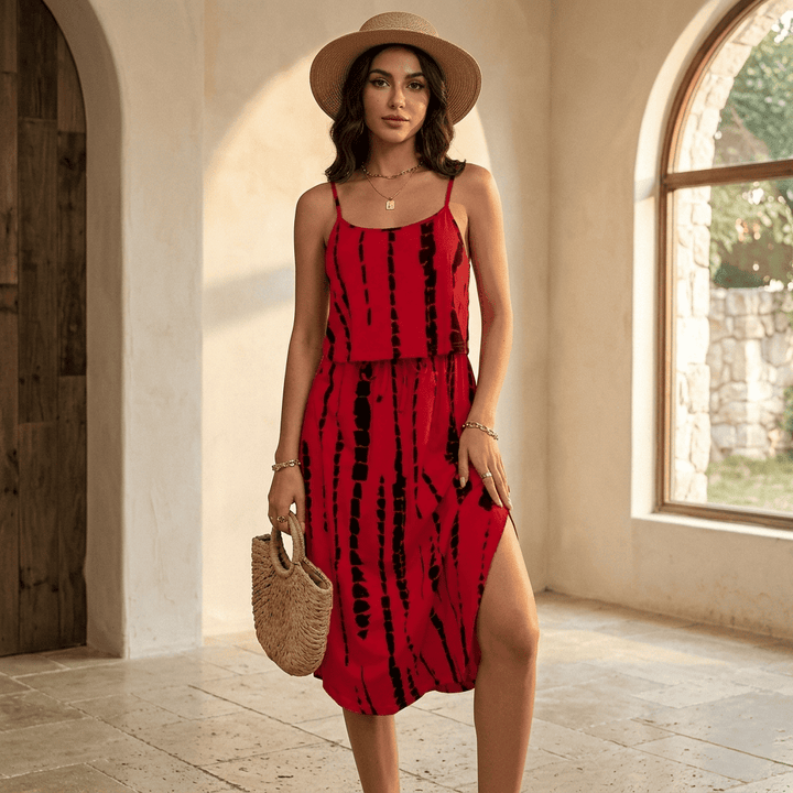 Camilla — Vestito Midi Tie-Dye con Spacco e Spalline Sottili