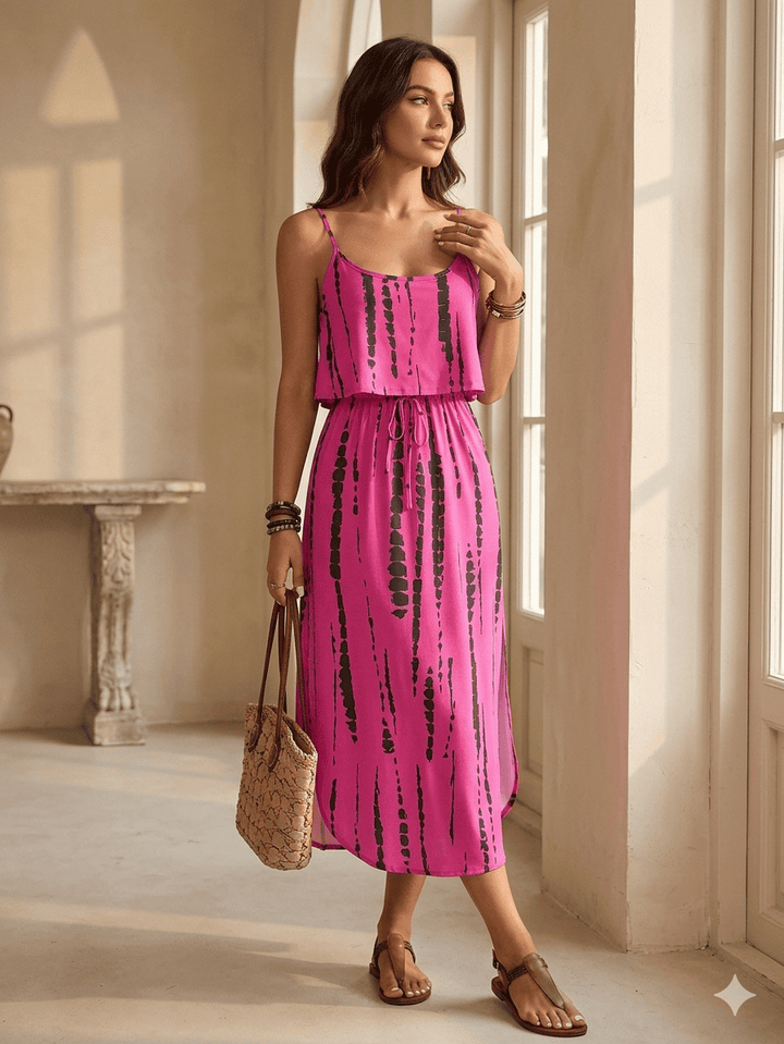 Camilla — Vestito Midi Tie-Dye con Spacco e Spalline Sottili