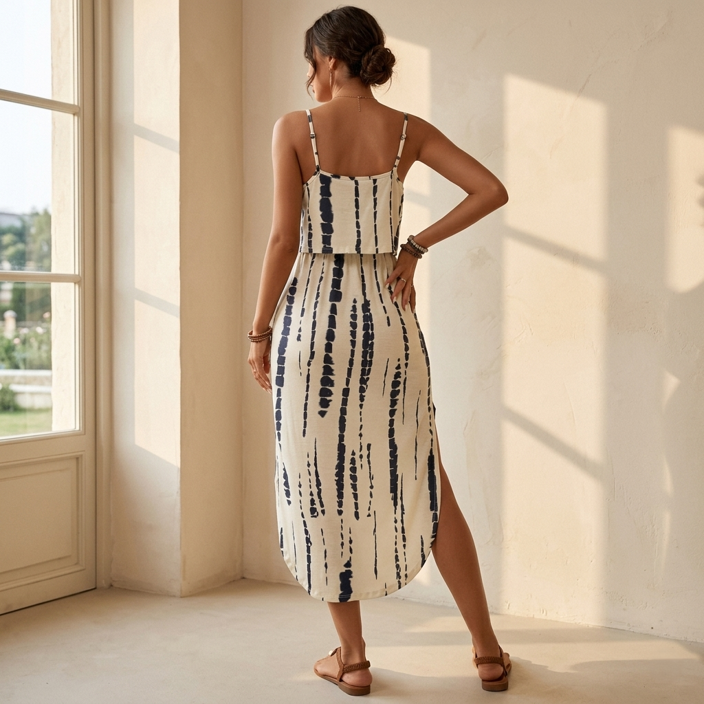 Camilla — Vestito Midi Tie-Dye con Spacco e Spalline Sottili