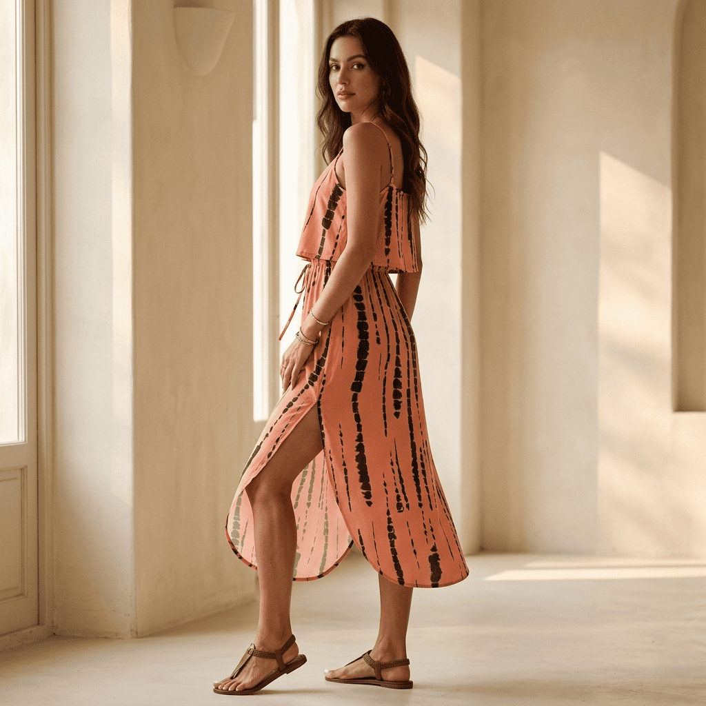 Camilla — Vestito Midi Tie-Dye con Spacco e Spalline Sottili
