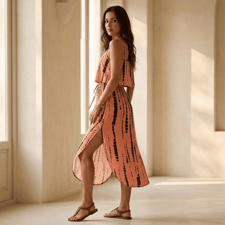 Camilla — Vestito Midi Tie-Dye con Spacco e Spalline Sottili