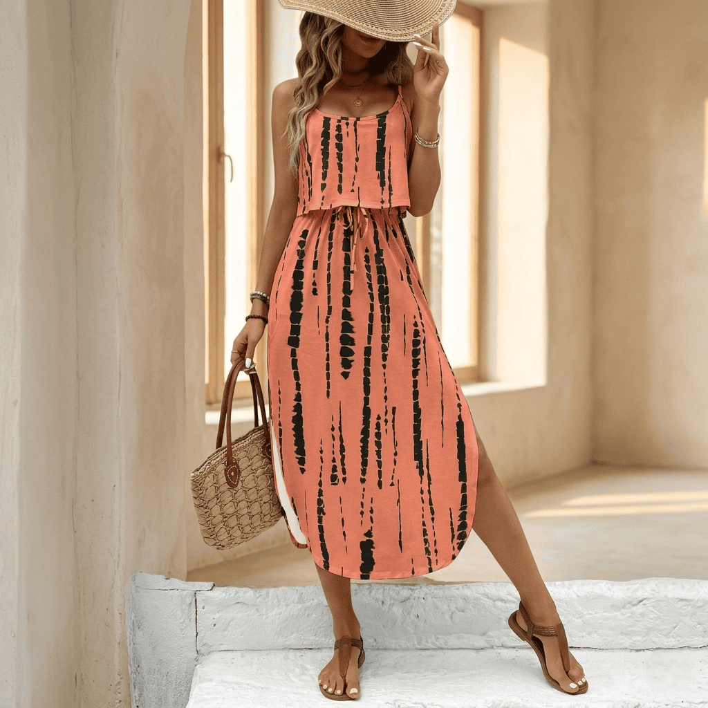 Camilla — Vestito Midi Tie-Dye con Spacco e Spalline Sottili