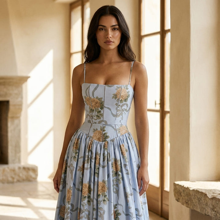 Women's Temperament Commuting Suspender Dress Summer Elegant and Gentle Style Thin Floral Sleeveless Chest Mid-waist Long Skirt